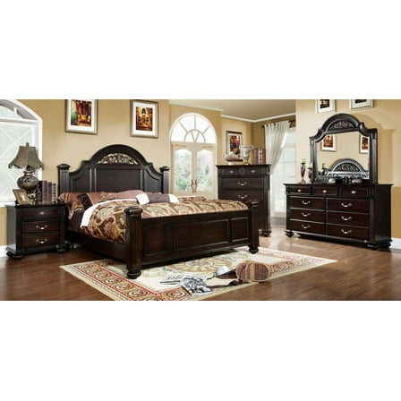 Dark Walnut Traditional California King Size Bed Dresser Mirror 2x Nightstands Chest Brass Handles 6pc Bedroom Furniture