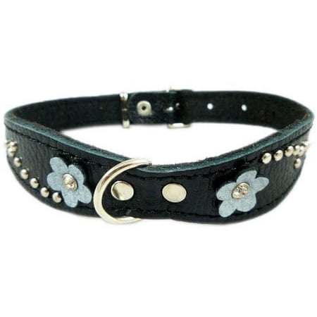 Black Genuine Leather Designer Dog Collar 11 x3/4 with Studs Daisy and Rhinestone