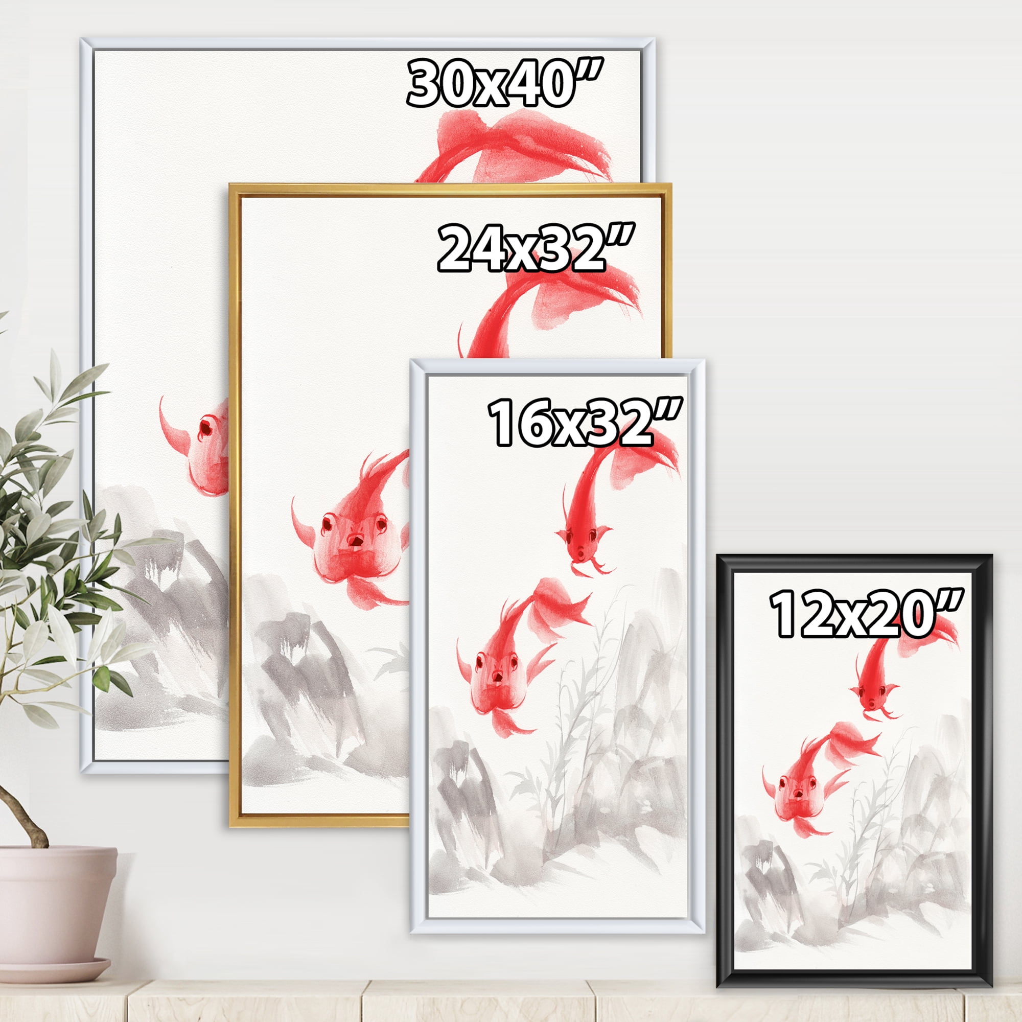 Designart 'Ancient Gold Fishes' Nautical & Coastal Framed Canvas Wall Art Print