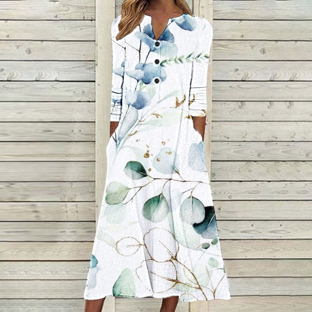Babysbule Liquidation Robes d'Automne pour Femmes Mode Femmes Décontracté Élégant Col Rond Imprimé Été Manches Longues Poches Robe