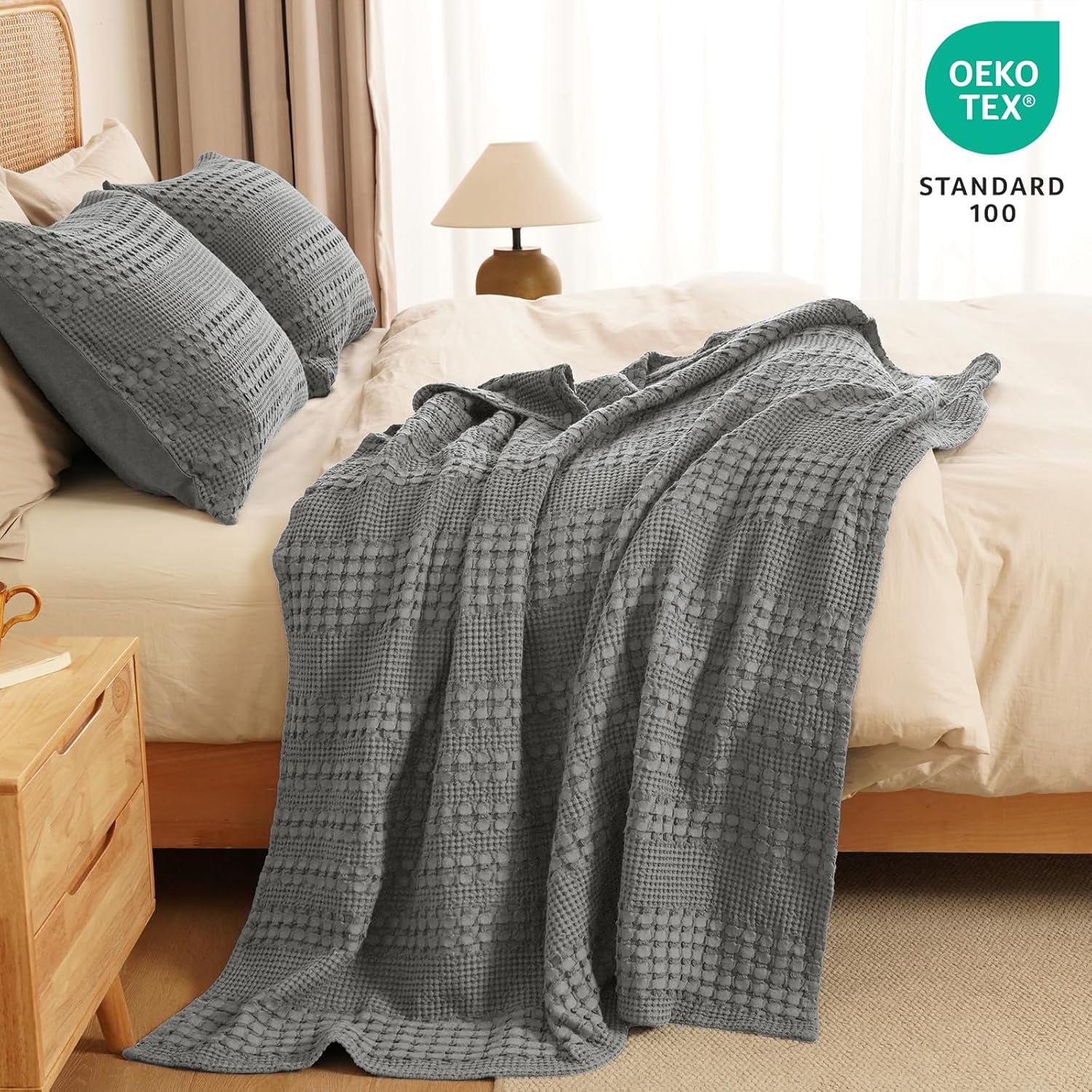 PHF 100% Cotton Waffle Weave Blanket, Lightweight Throw Washed Blanket for Bed Sofa Home Decor, Dark Grey, 50"x60"
