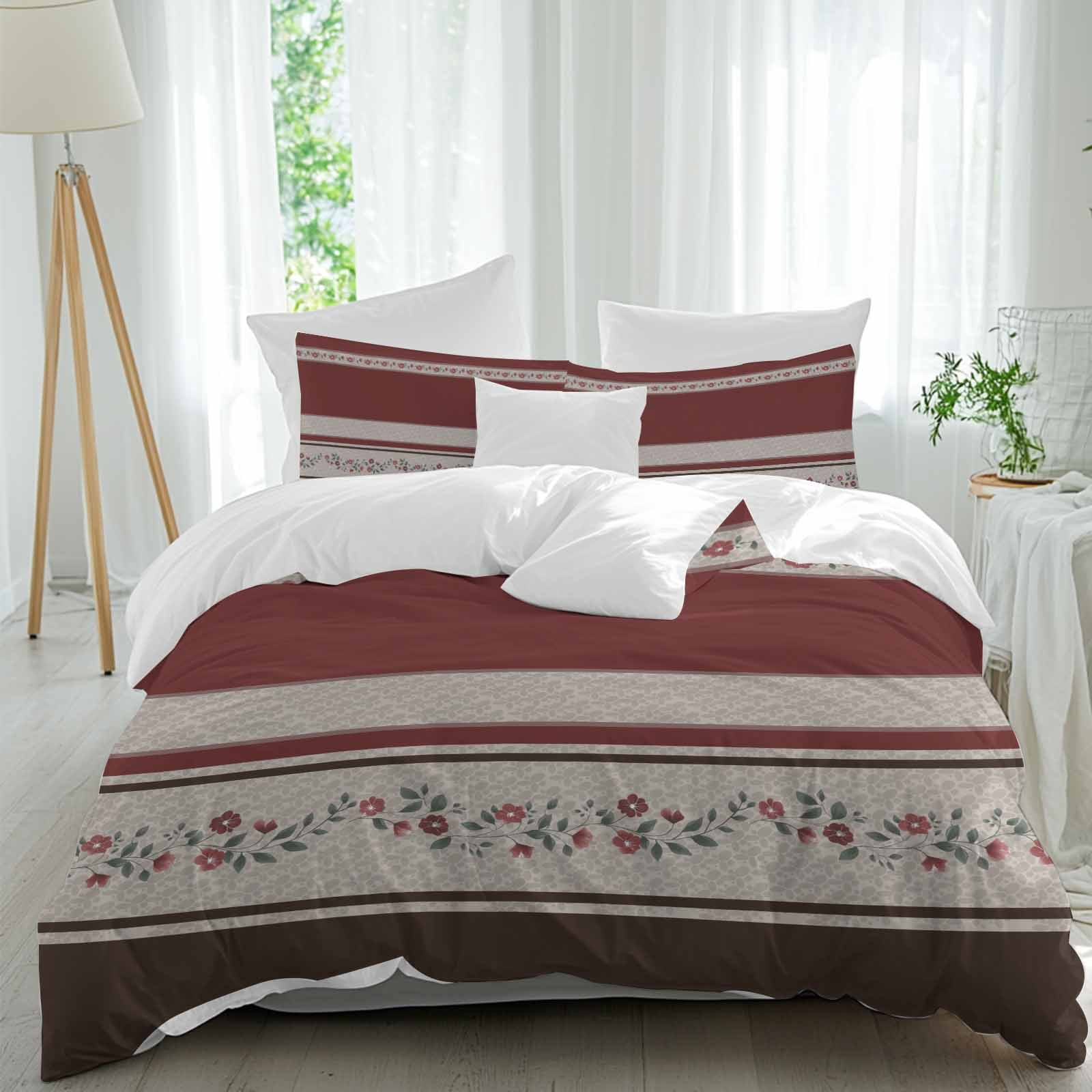 Red Floral Bedding 3 Piece Duvet Cover Set California King, Modern Farmhouse Leaves Brown Striped Microfiber Comforter Cover with Zipper Closure & Pillowcases, Wrinkle & FadeResistant Quilt Cover