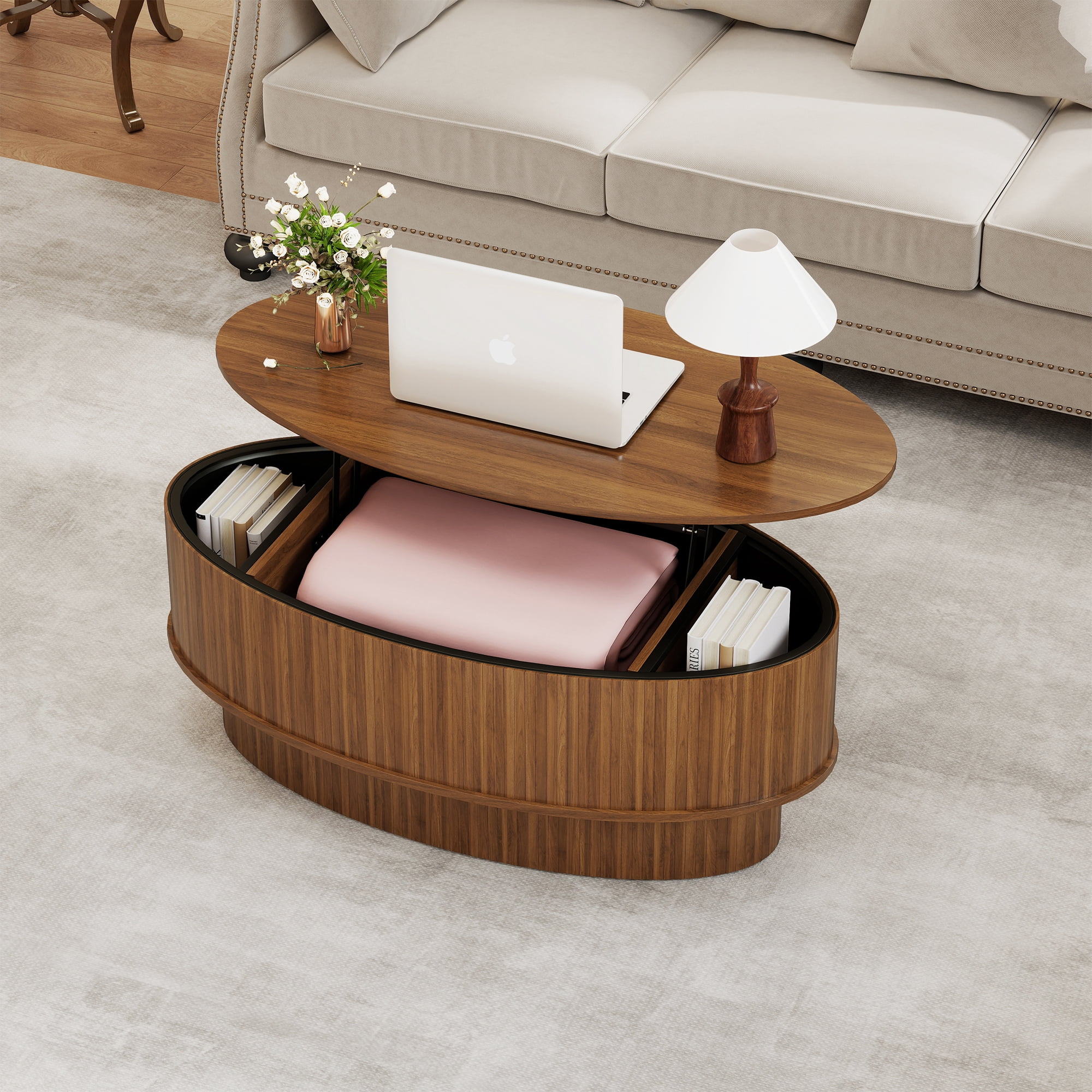 Lift Top Coffee Table with Storage, Mid Century Modern Coffee Table for Living Room, Oval Center Table for Small Space, Walnut