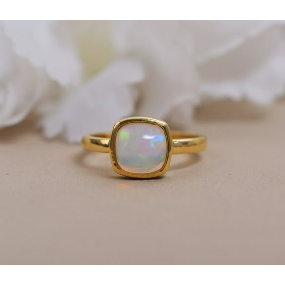 Natural Opal Cushion Ring, Engagement 14K Yellow Gold plated Ring, Vintage Art deco Bridal Ring, Promise Ring For Women,White Opal Anniversary Ring