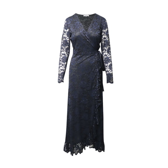 Pre-Owned Ganni Flynn Ruffle Lace Wrap Dress in Navy Blue Polyamide