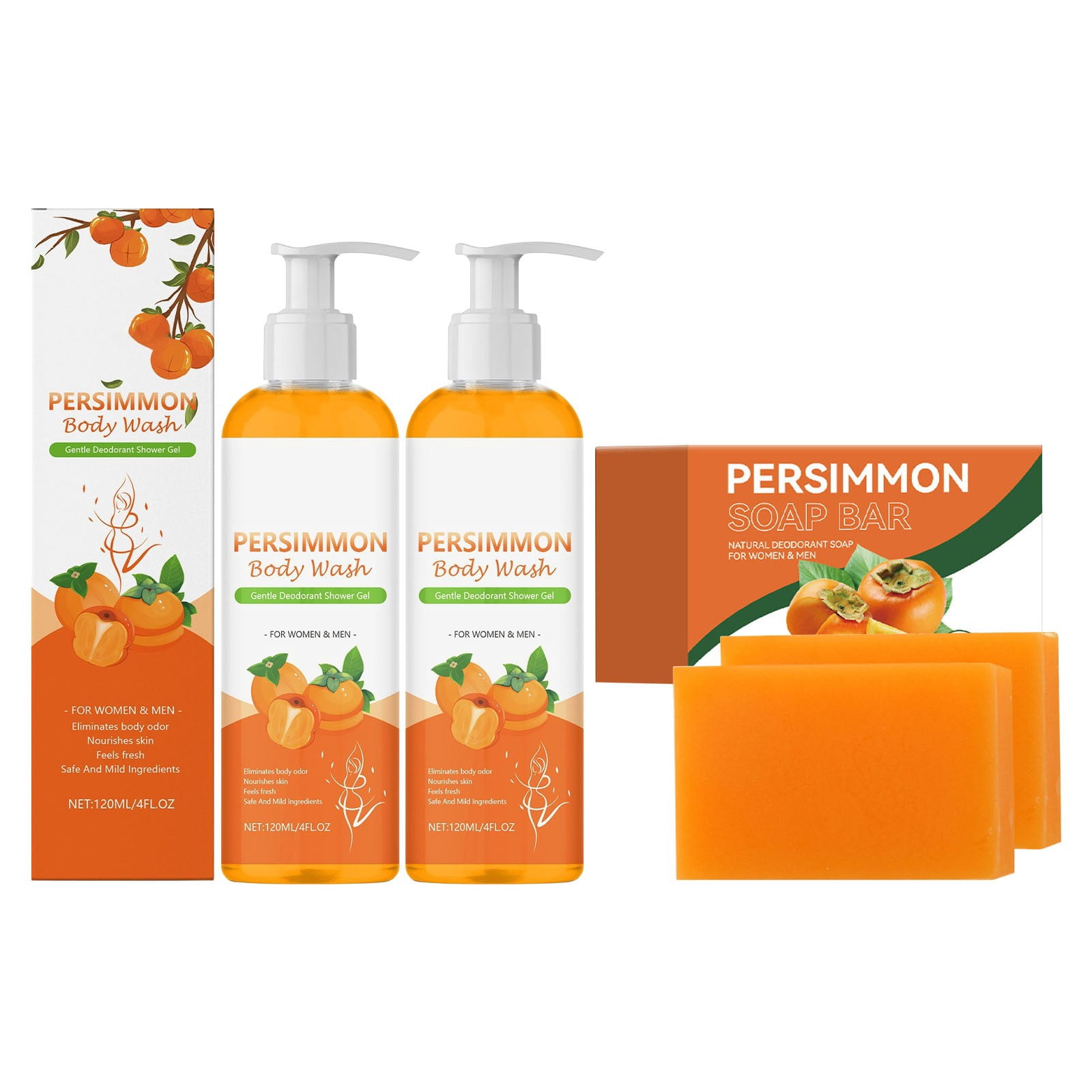 SZBAOAN Persimmon Soap Bar and Body Wash Set,Natural Deodorant for Old People Smell & Smelly Feet,Remove Body Odor,Nourishes Skins,Natural Persimmon Body Shower for Women & Men