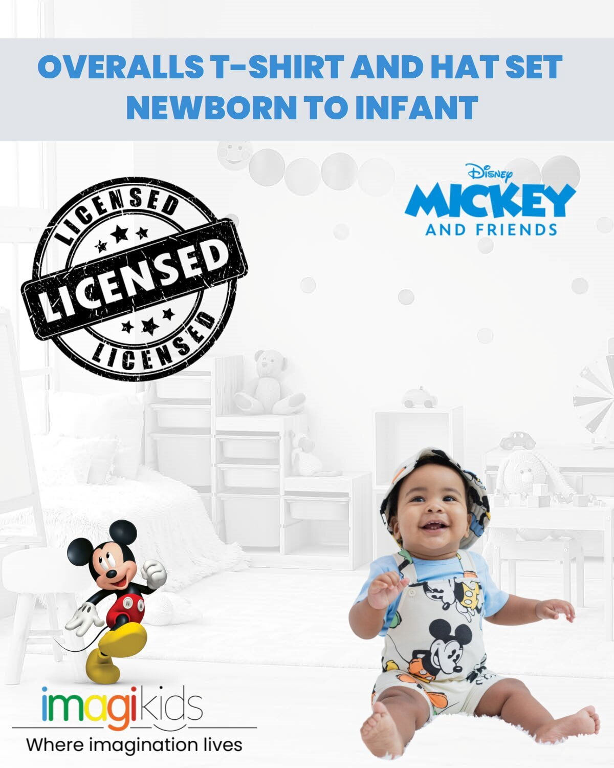 Disney Mickey Mouse Baby Boys' Tee and Shortall Set with Bucket Hat Mickey Mouse Cream