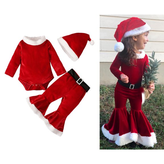Santa Baby Baby Outfit Long Sleeve Romper Flare Pants Hat Sets Baby Boy Christmas Outfit Dress Up Clothes 3-6 Months