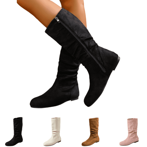 EKVAHL Soft Faux Suede Mid Calf Boots for Women, Side Zipper Round Toe Flat Casual Boots, Fashion Fall Winter Daily Riding Boots