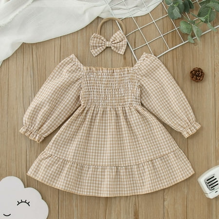 

Hbdhejl Toddler Girls Dress Fall Dress Plaid Princess Dress Party Long Sleeve With Headband Autumn Clothes Khaki 6-12 Months
