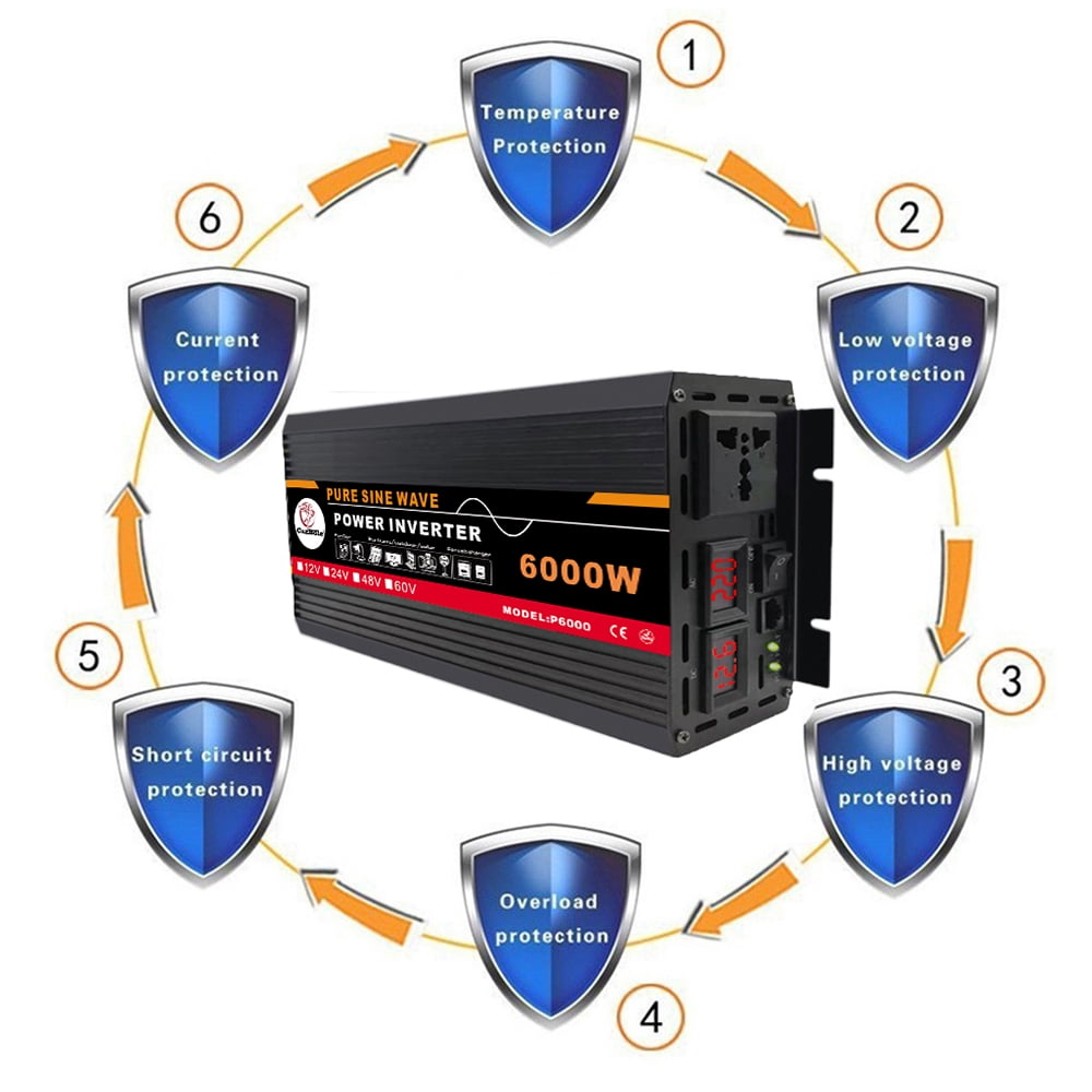 Pure Sine Wave Inverter, 6000W Power Inverter DC12V to AC 120V Car Battery Power Converter Adapter
