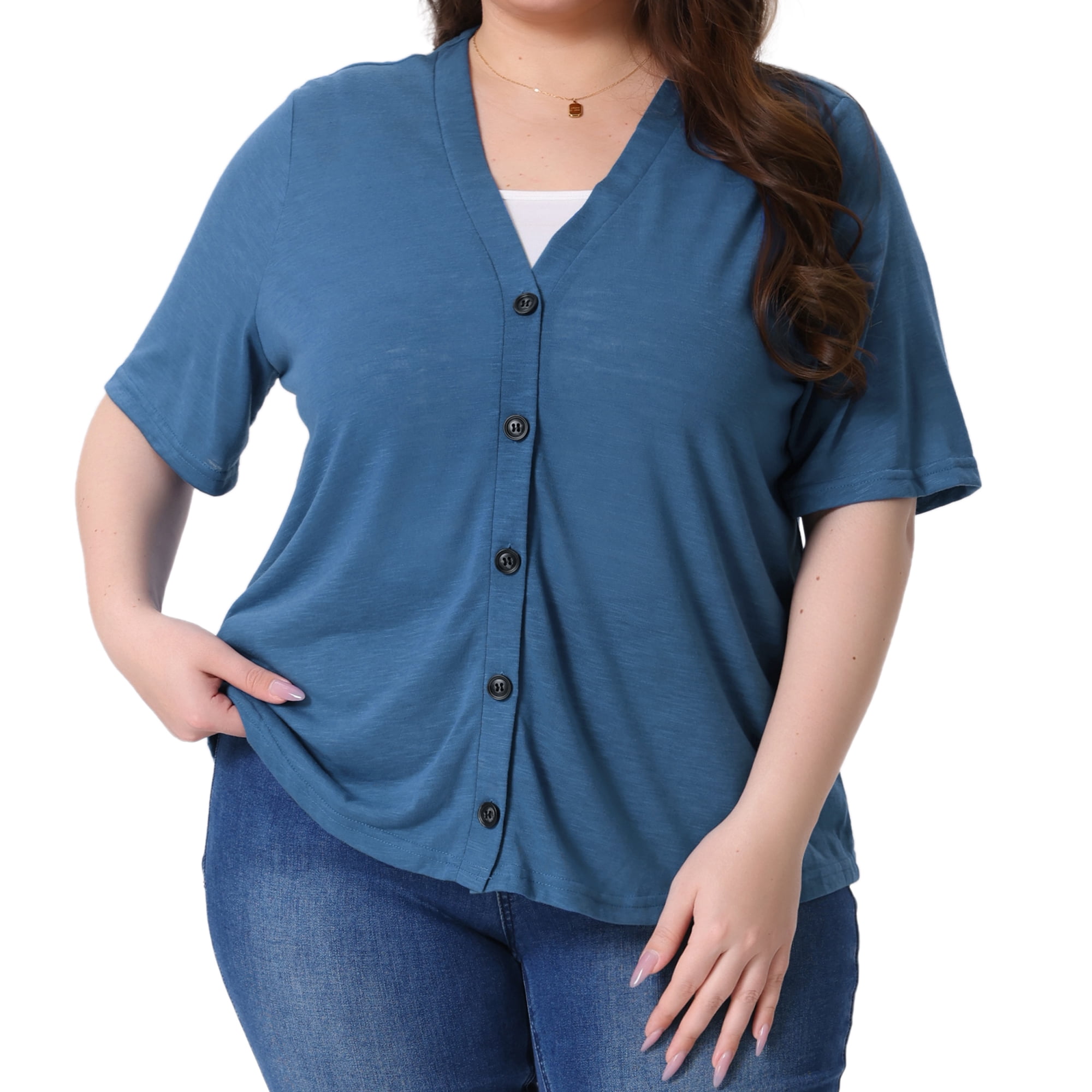 DARING DIVA Women's Plus Button Down Sheer Knitted Sweater 4X Blue