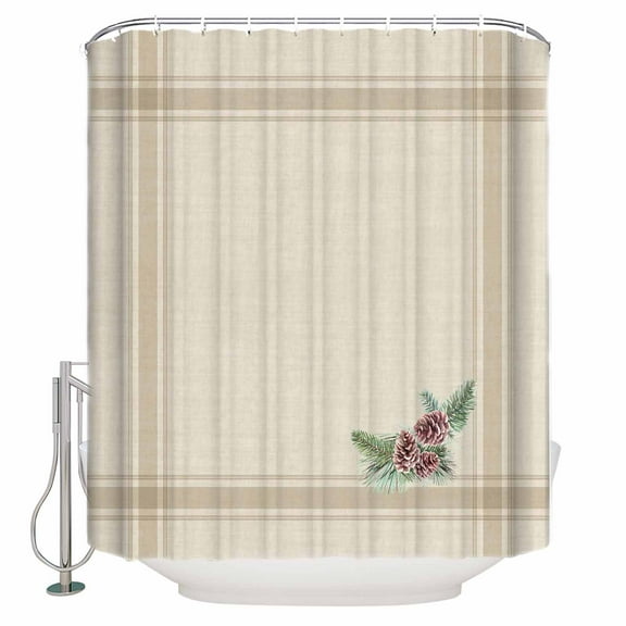 Christmas Pine Cones Bathroom Shower Curtains with Hooks, Winter Vintage Beige Brown Striped Linen Bottom Waterproof Fabric Washable Shower Curtain for Home Hotel Bathtub Decor 60x72 Inches