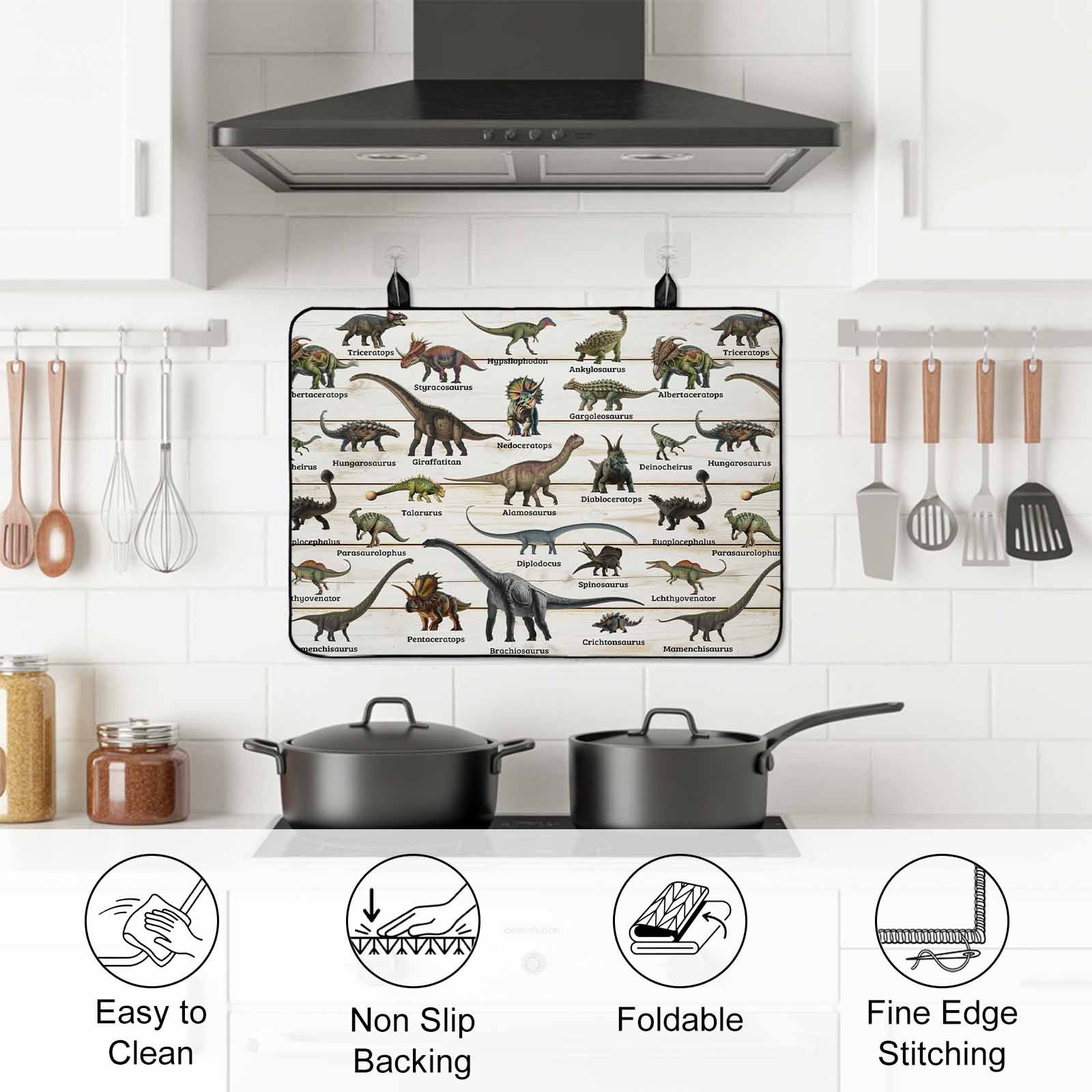 Dinosaurs Stove Top Cover for Electric Stove, Heat-proof & Non Slip Glass Top Stove Cover Protector, Natural Primitive Wild Animals Wood Grain Kitchen Flat Cooktop Rubber Mat 24x21 Inches
