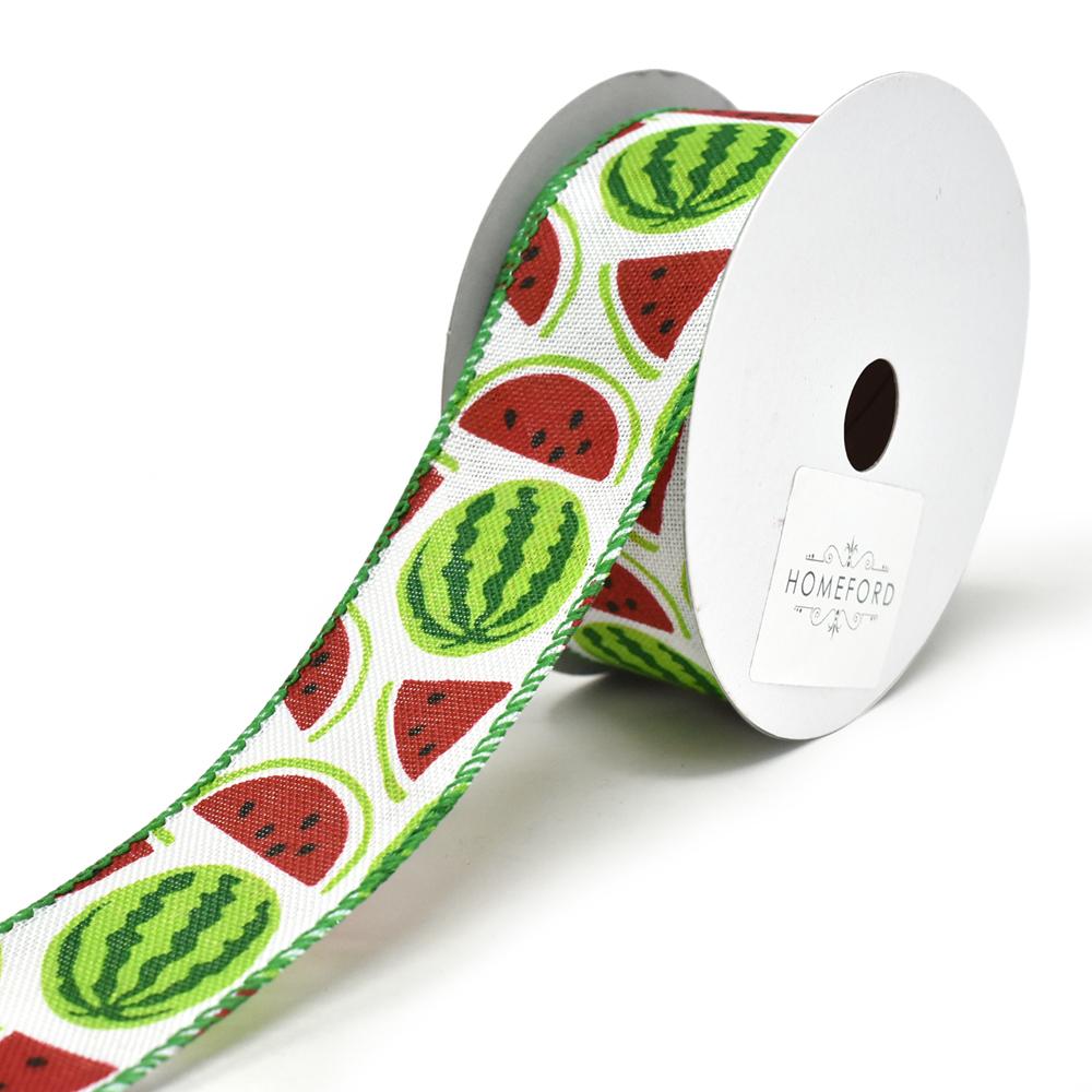 Watermelon Printed Wired Canvas Ribbon, 11/2Inch, 10Yard, White