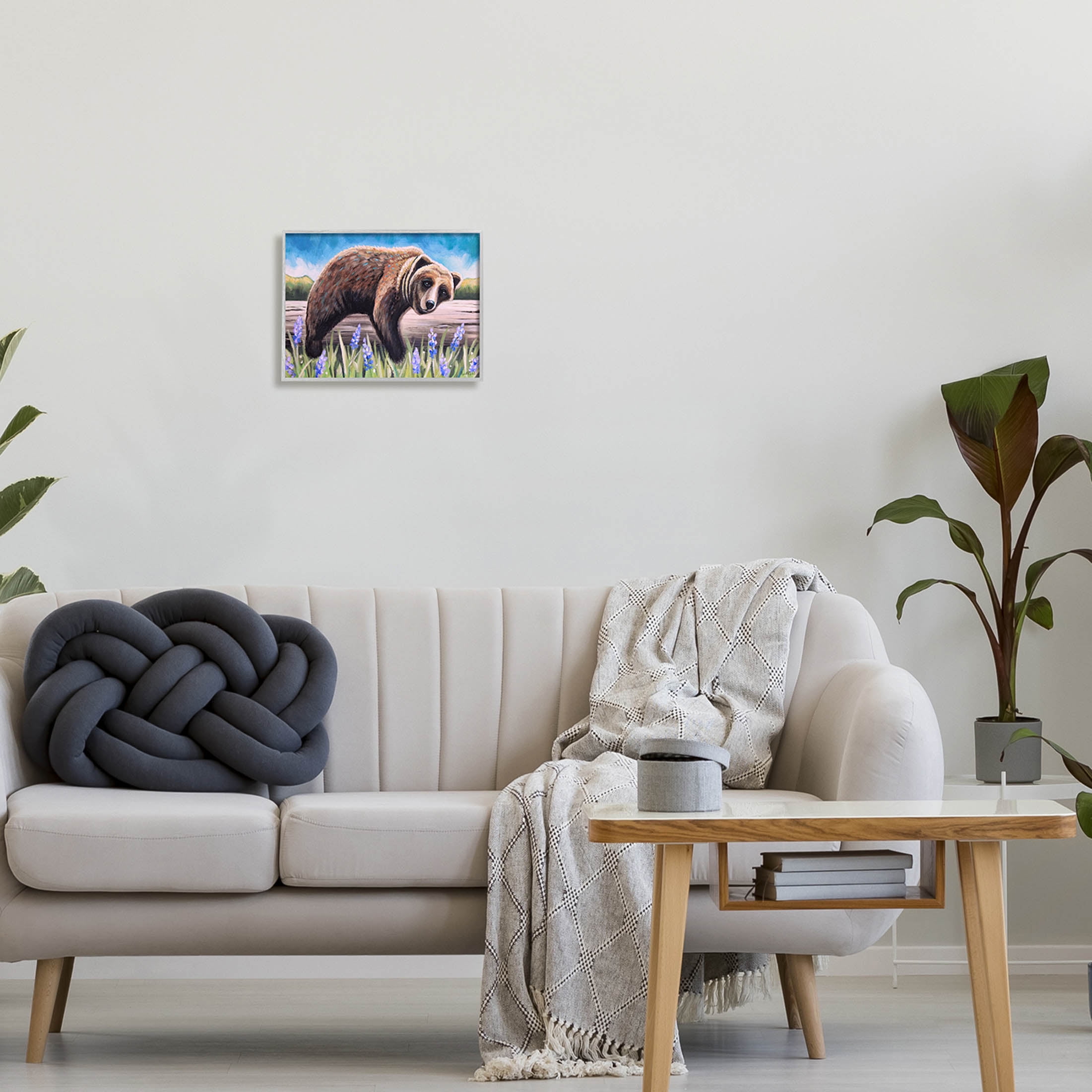 Stupell Industries Relaxing Bear Resting Tree Trunk Meadow Painting Gray Framed Art Print Wall Art, Design by Elizabeth Tyndall