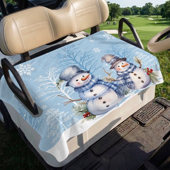 Winter Blue Snowman Christmas Golf Cart Seat Covers, Snowflake Xmas Tree Golf Cart Seat Towel Cover for 2/4 Seater Bench Seats, Breathable Washable Dust & Sun Protection Seats Blanket 51''x31''