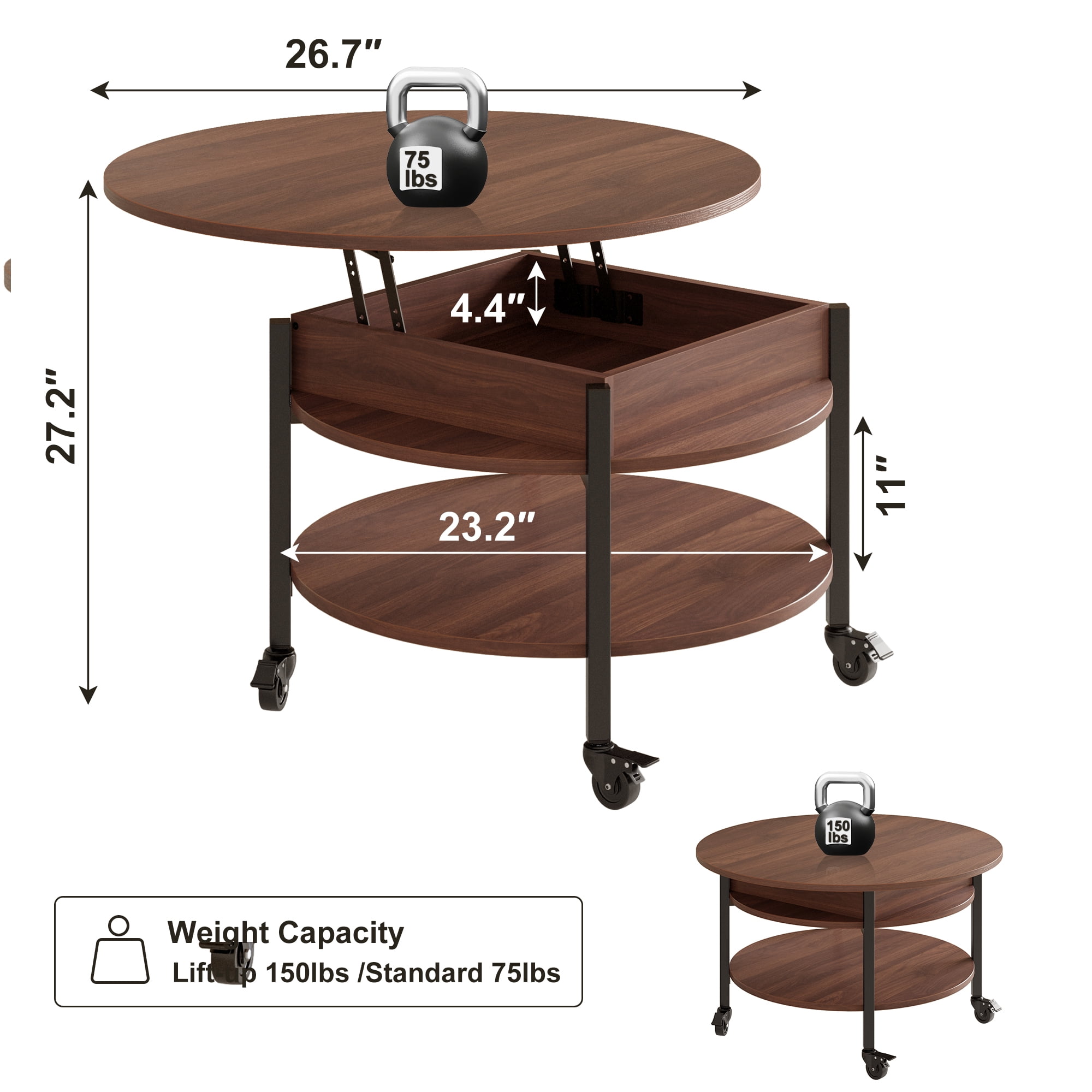 GUNAITO Round Small Lift Top Coffee Table on Wheels with Storage, Modern Farmhouse Center Table with Shelf Small Circle Table for Living Room, Walnut