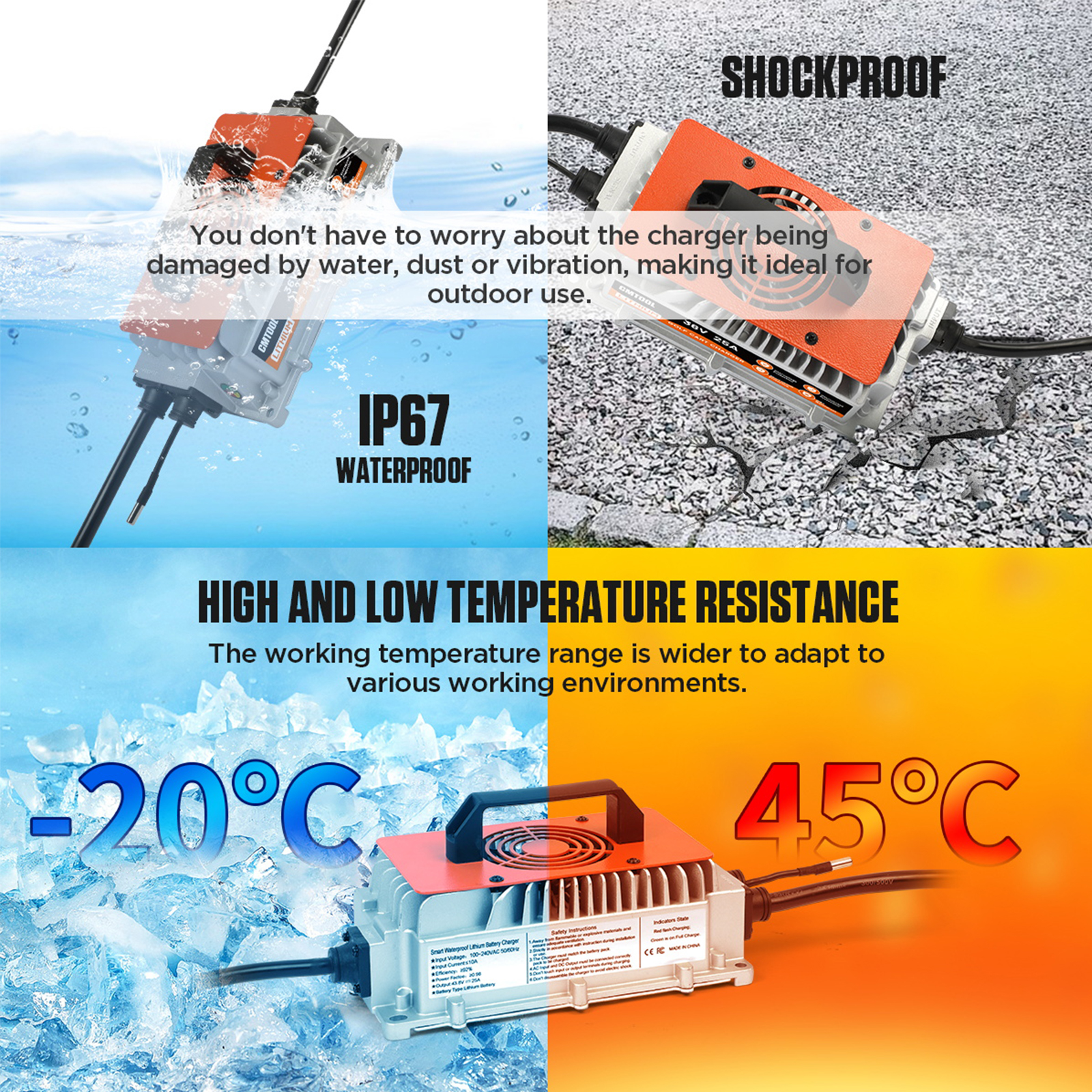 DUOYI 36V 25A Smart Golf Cart Battery Charger -1250W Fully Automatic Trickle Lithium Charger with IP67 Waterproof Rating ,Orange