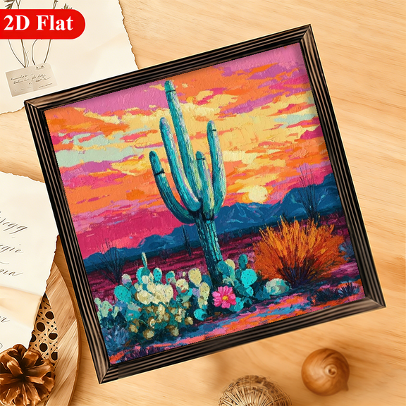 2D Flat, 1pc Retro Cactus Wood Framed Sign - Vintage Style Wall Decor with Vibrant Desert Landscape Art, 12x12 Inch, High-Quality Wood Frame for Home,