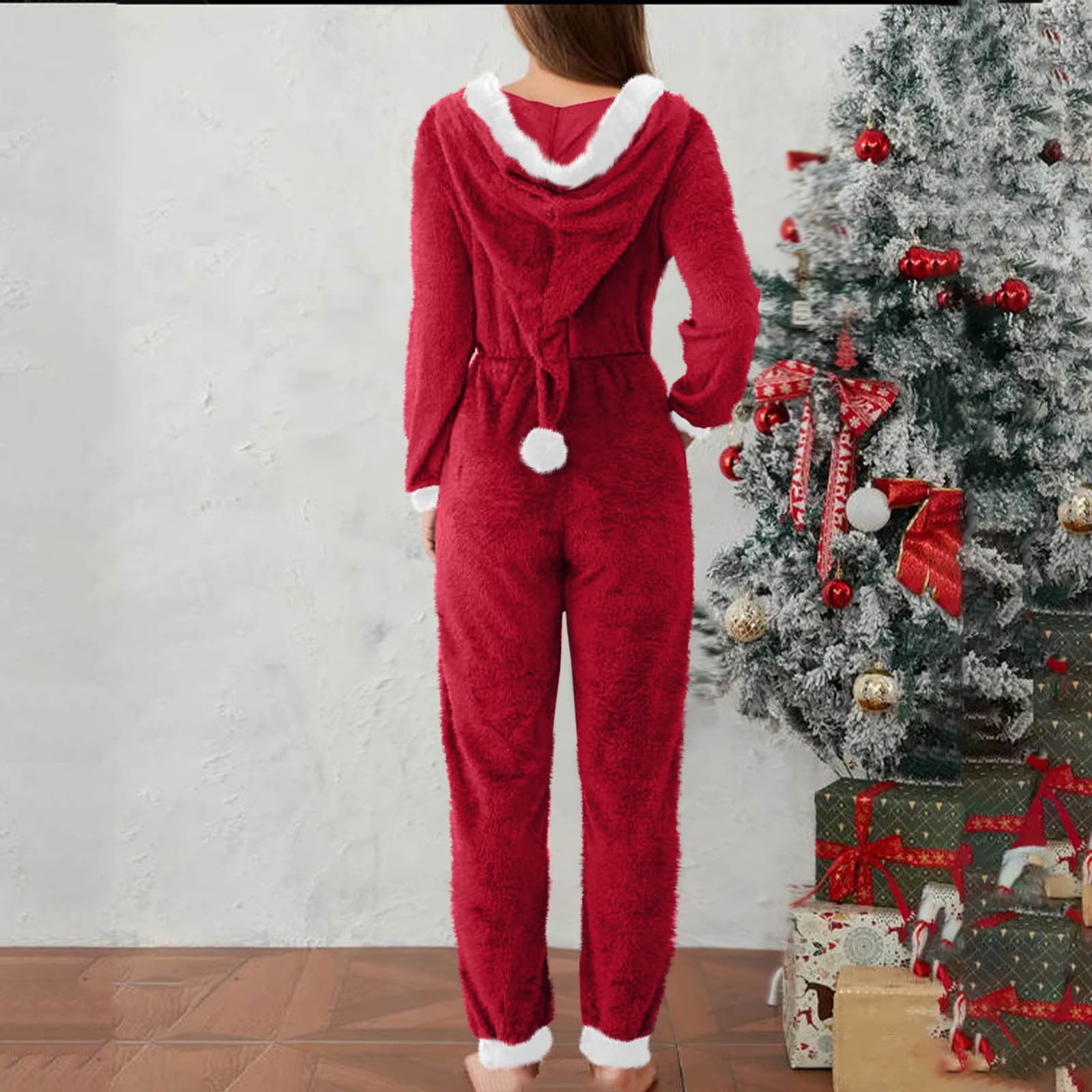 yoeyez Christmas Onesie Womens Slim Santa Hooded Pajamas Outfit Adult One-piece Pajamas Fleece Front Zipper Rompers
