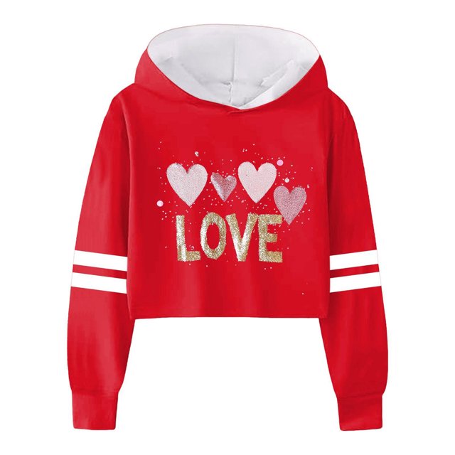 MIASHUI Girls Sweatshirt Children Long Sleeve Letters Short Hoodie Hoodie Top,Red,10-12 Years