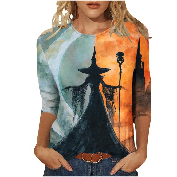 QQZ Loose Fit 3/4 Sleeve Crew Neck Halloween T Shirts For Women, Witch Haunted House Bat Moon Graphic Womens Halloween Shirts For Halloween Parties Pumpkin Patch Daily Casual Outings