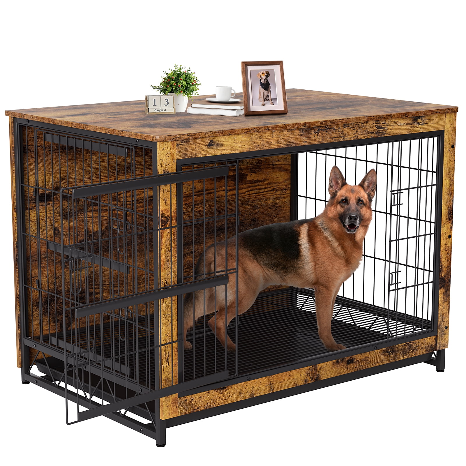 Pirecart Large Dog Crate Furniture Pet Cage Dog Kennel End Table with Double Door, Removable Tray