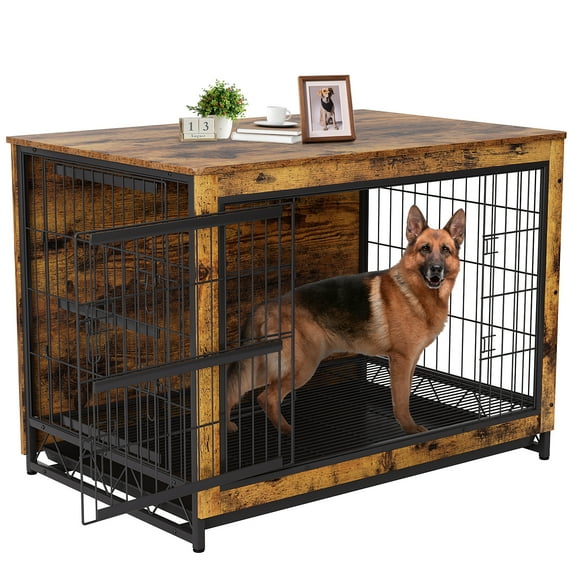 Arlopu Dog Crate Furinture, Side End Table Wooden Dog Cage with Double Doors Dog Kennel Indoor for Large/Medium/Small Dogs