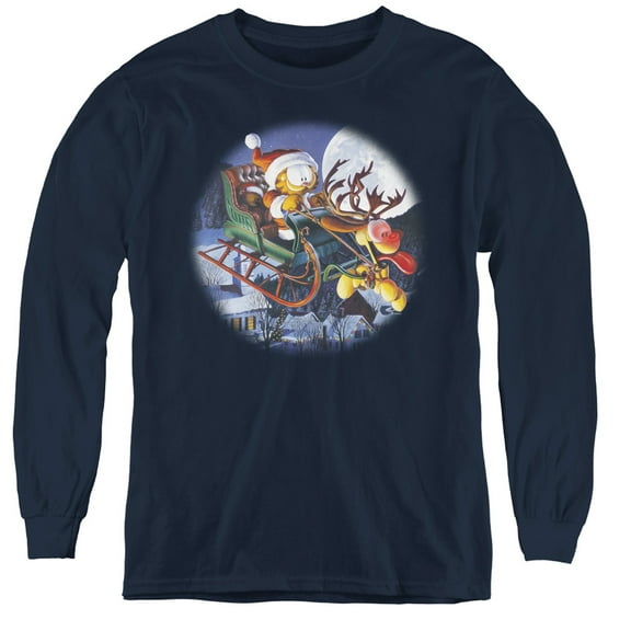 Garfield Moonlight Ride Youth Long Sleeve T-Shirt Navy