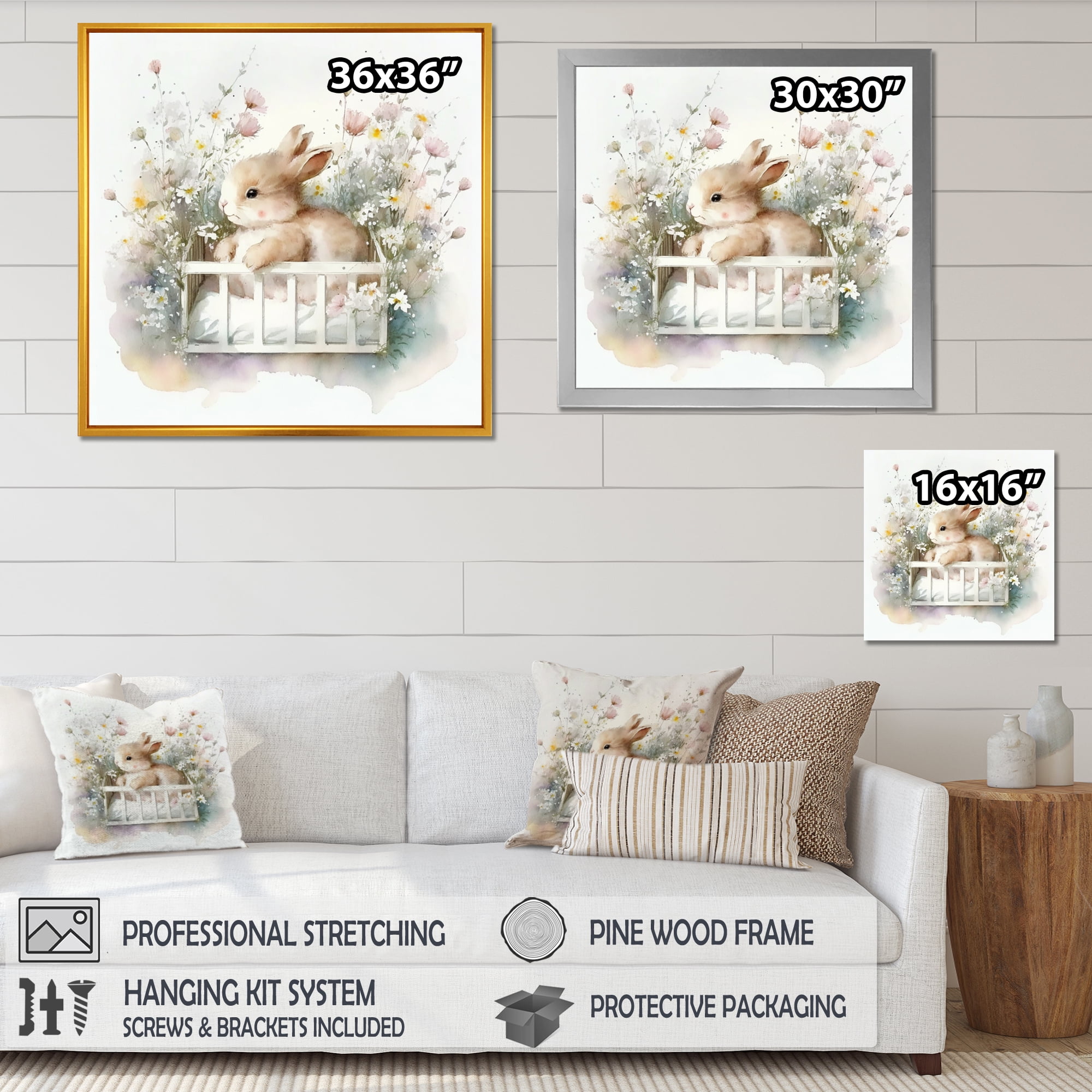 Designart Baby Bunny In Crib With Flowers I Canvas Wall Art