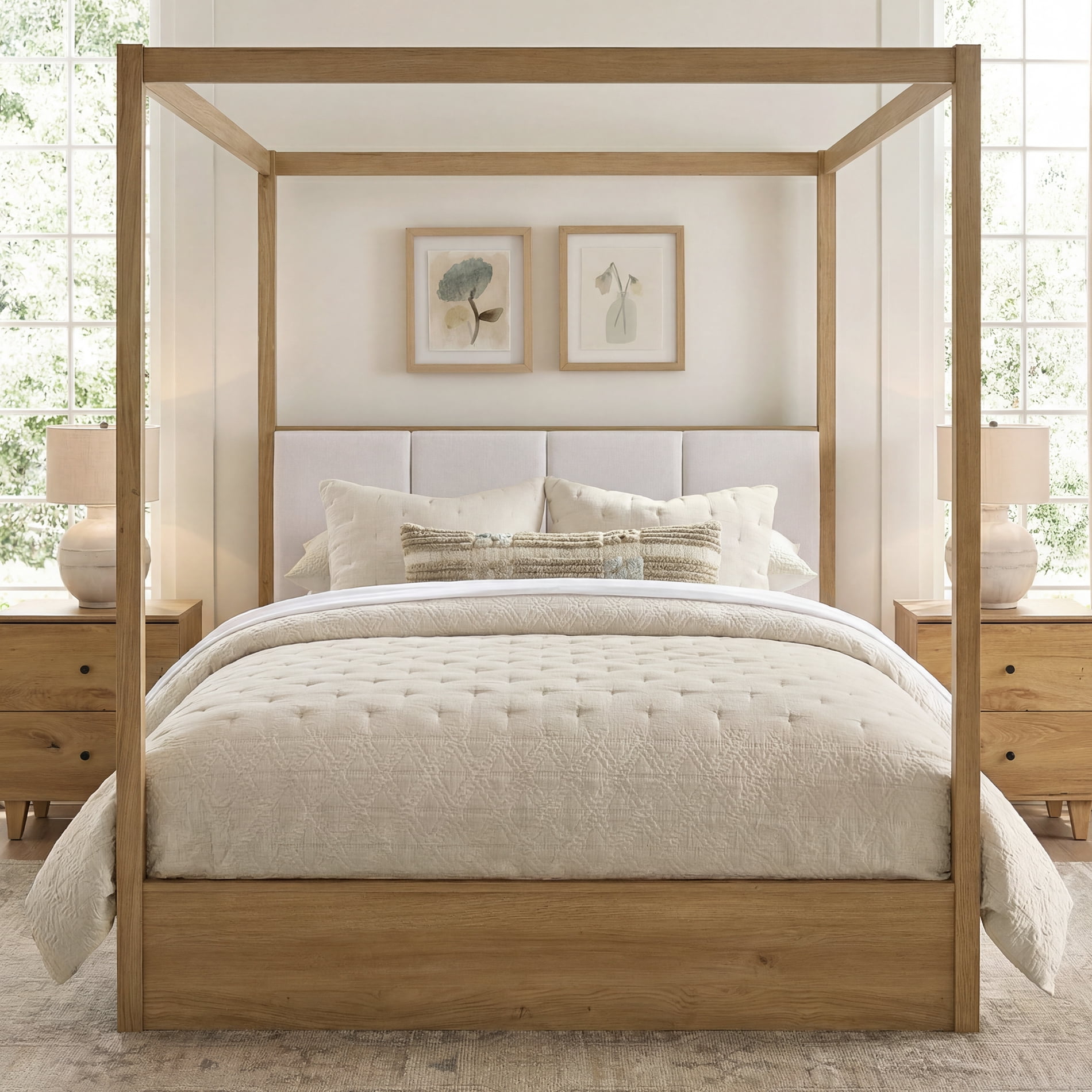 Queen Size Canopy Bed Frame with Upholstered Headboard, No Box Spring Needed, Solid Wood Modern 4 Poster Platform Bed with Slats for Bedroom, Dark Brown Wood