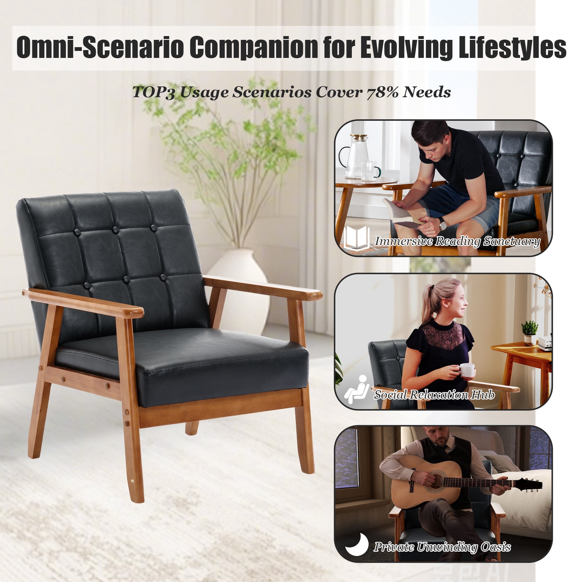 MOONMISS Mid-Century Modern Accent chair,Leisure Chair with Solid Wood Armrest and Feet
