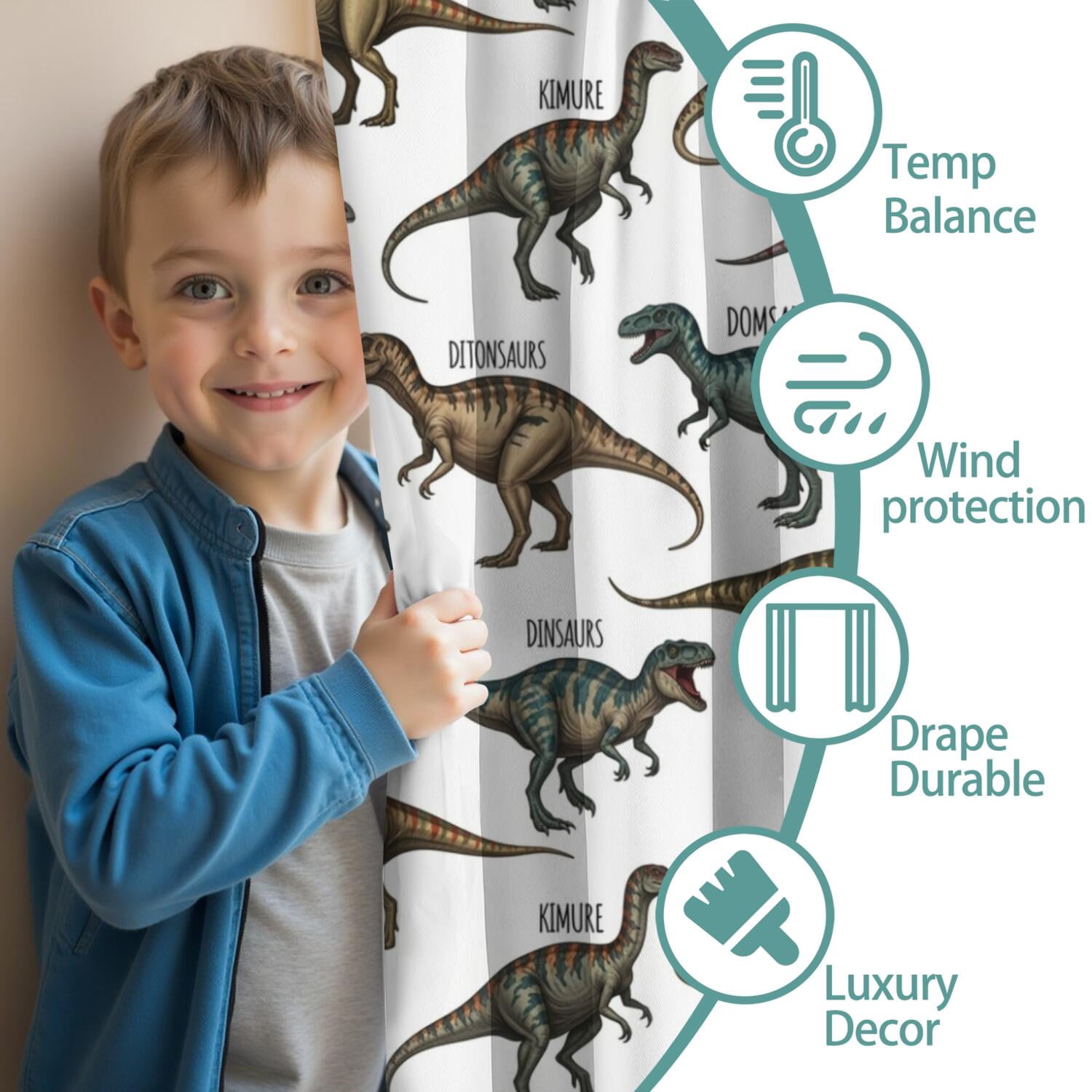 Blackout Kids Curtains,Cartoon Dinosaurs Names Pattern Childrens Insulated Curtains Set Of 2,Bedroom Essentials,Toddler Room Decor 42"x63"