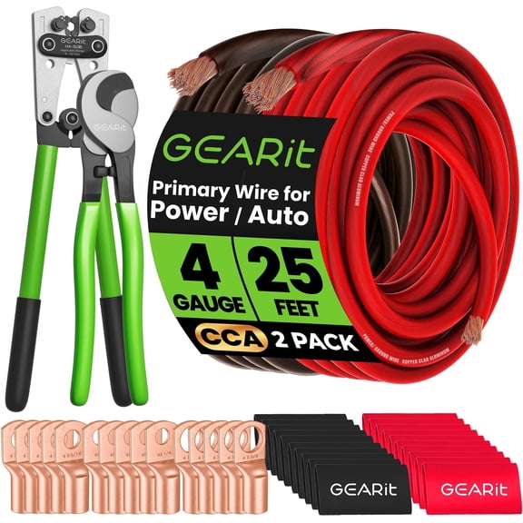 GEARit 4 Gauge CCA Ground Wire (25FT Each - Black and Red) All-in-One Kit: Crimping Tool, Cutter, 15 Lugs, and 20 Heat Shrink Wrap
