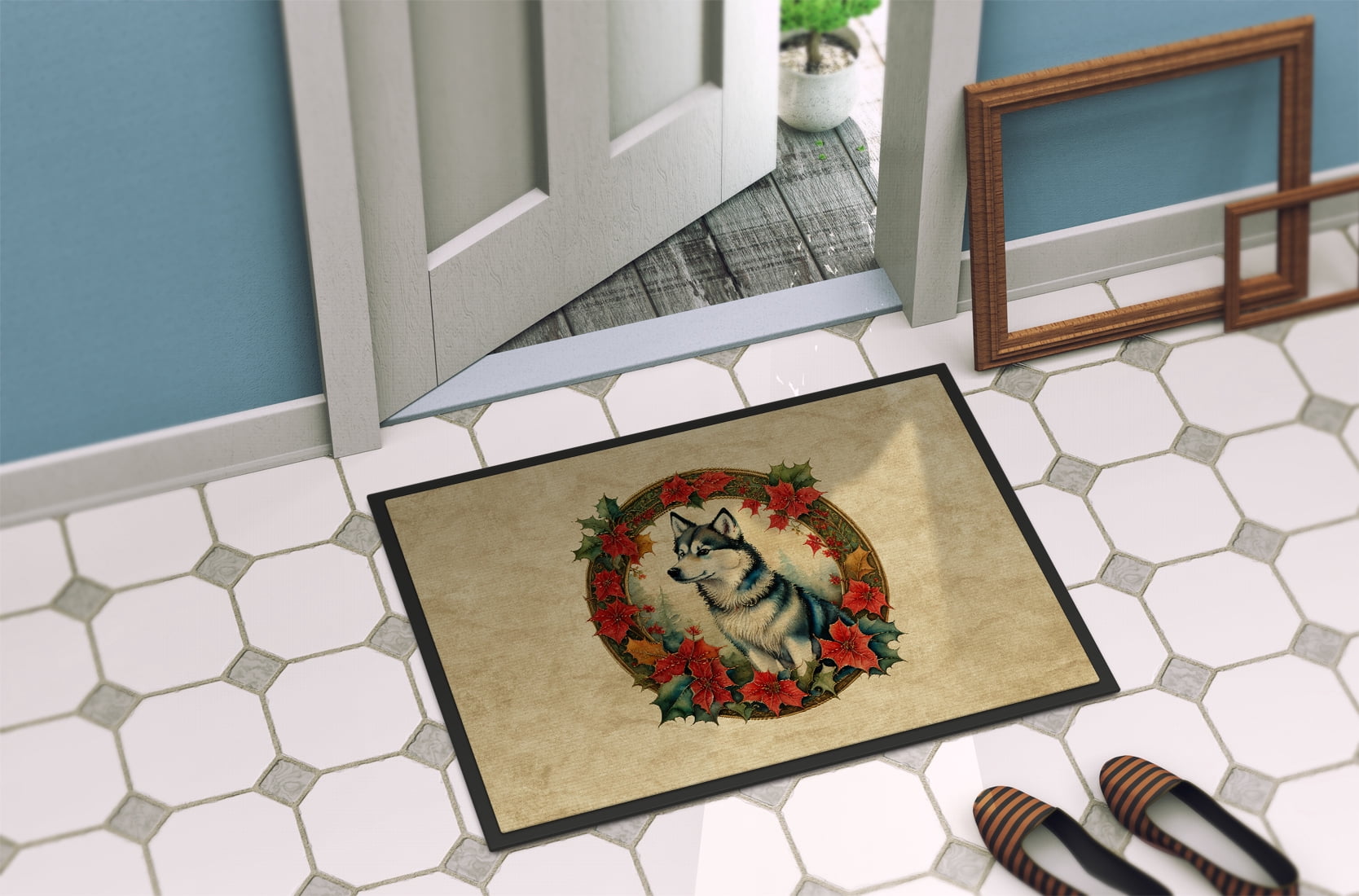 Carolines Treasures DAC2298MAT 18 x 27 in. Unisex Alaskan Klee Kai Christmas Flowers Doormat