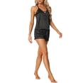 thumbnail image 4 of Conjuntos de pijama de satén para mujeres INSPIRE CHIC con tirantes de encaje y pantalones cortos, ropa de dormir de escote en V, XS, negro, 4 of 6