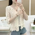 thumbnail image 4 of Women Knitted Lace Shrug Boho Hollow Crochet Floral 3/4 Sleeves Open Front Cropped Cardigan Elegant Mesh Sweater Coveup, 4 of 11