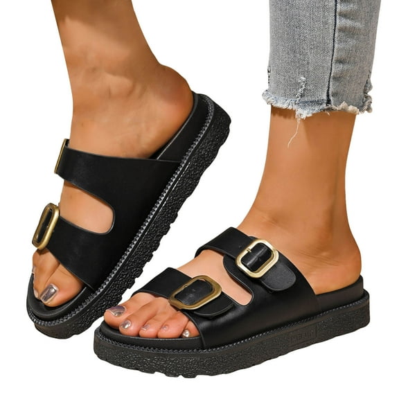 Leopard Slides Platform Sandals for Women 2025 Fashion Casual Buckle Comfort Wide Feet Slip on Beach Flats