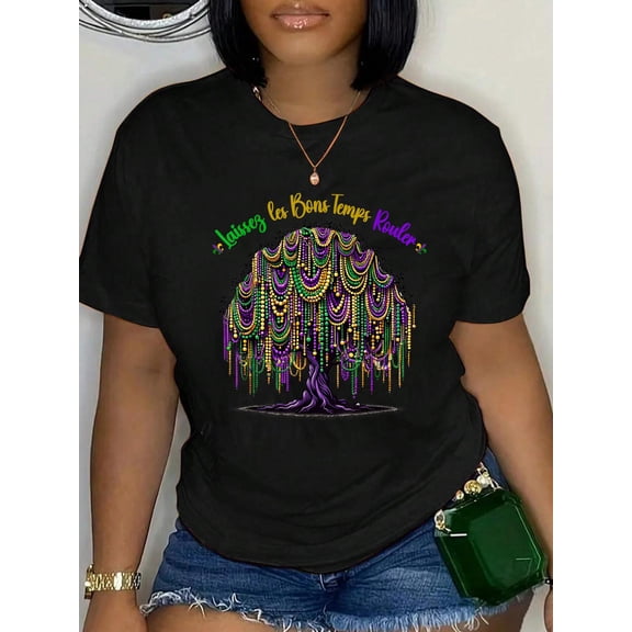 100% Cotton Mardi Gras Bead Tree Carnival New Orleans 2024 for women T-Shirt Print Round Neck Cotton T-Shirt, Summer Women's Tops, gift