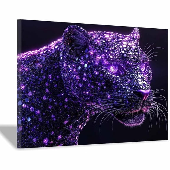 Mudket Framed Purple Glitter Crystal Leopard Canvas Wall Art, Glam Leopard Print Wall Decor for Women Bedroom, Trendy Animal Wall Art, Ready to Hang - 12"L x 8"W