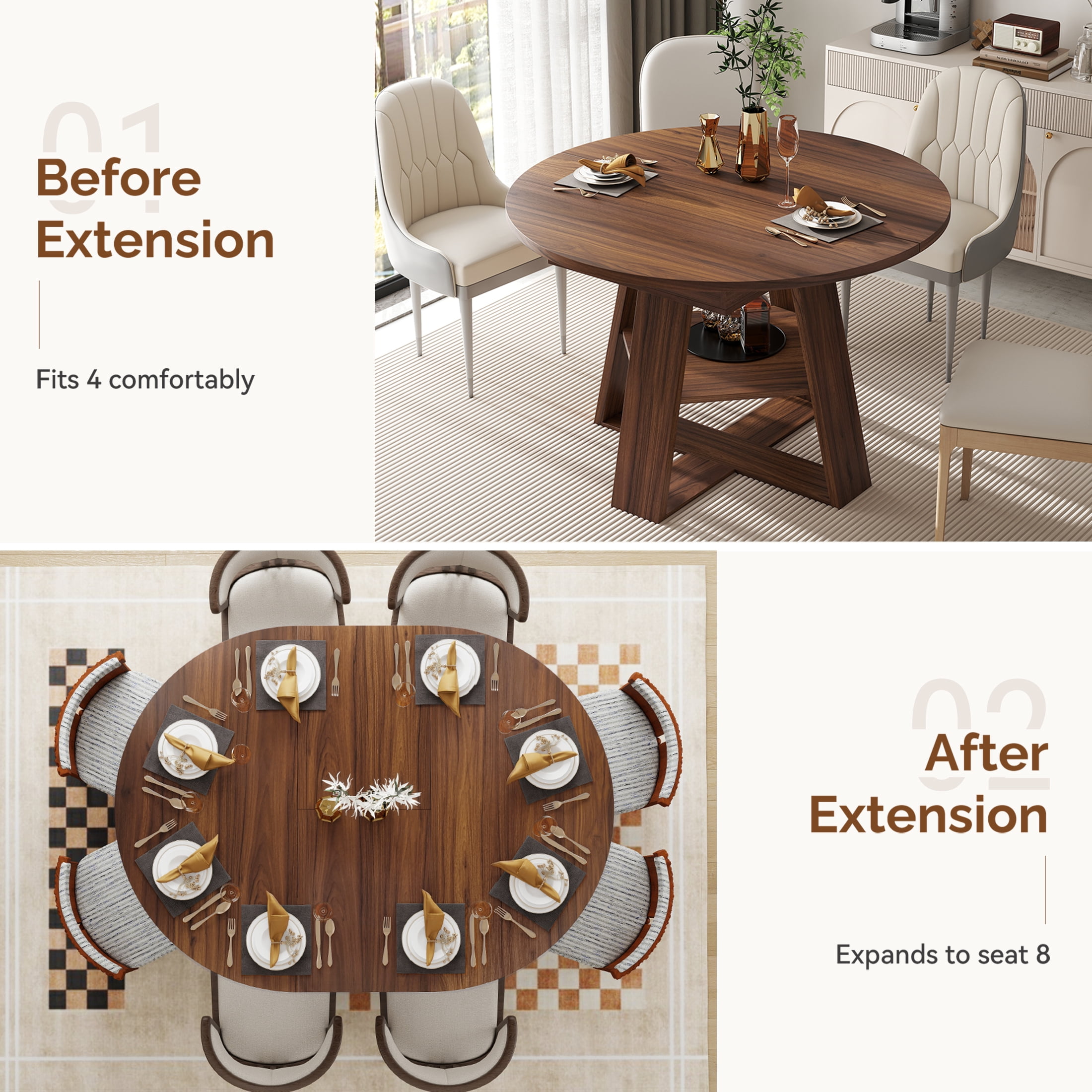 Hawsaiy 43.3-59 in Extendable Oval Dining Table for 4-6, Space-Saving Round Kitchen Table with Hidden Leaf Storage & Bottom Shelf for Small Space, Walnut