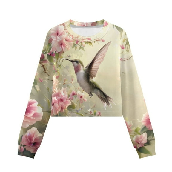 Xoenoiee Hummingbird Flower Print Girls' Crop Tops Sweatshirts Fall Sweaters Crewneck Long Sleeve Drop Shoulder Pullover Tops for Kids, 11-12 Years