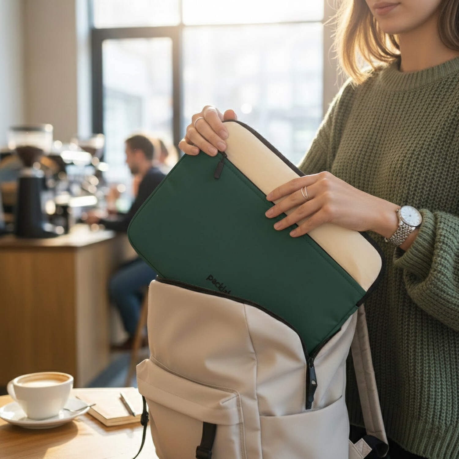 packlab Cream and Green Laptop Sleeve with Pocket – Slim Padded 14 Inch Computer Case for Work, Travel, and Everyday Carry