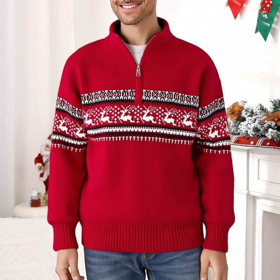 DPTALR Men's Knitted Casual Loose Elastic Pullover Long Sleeve Zipper Stand-up Collar Sweater,Red,XL