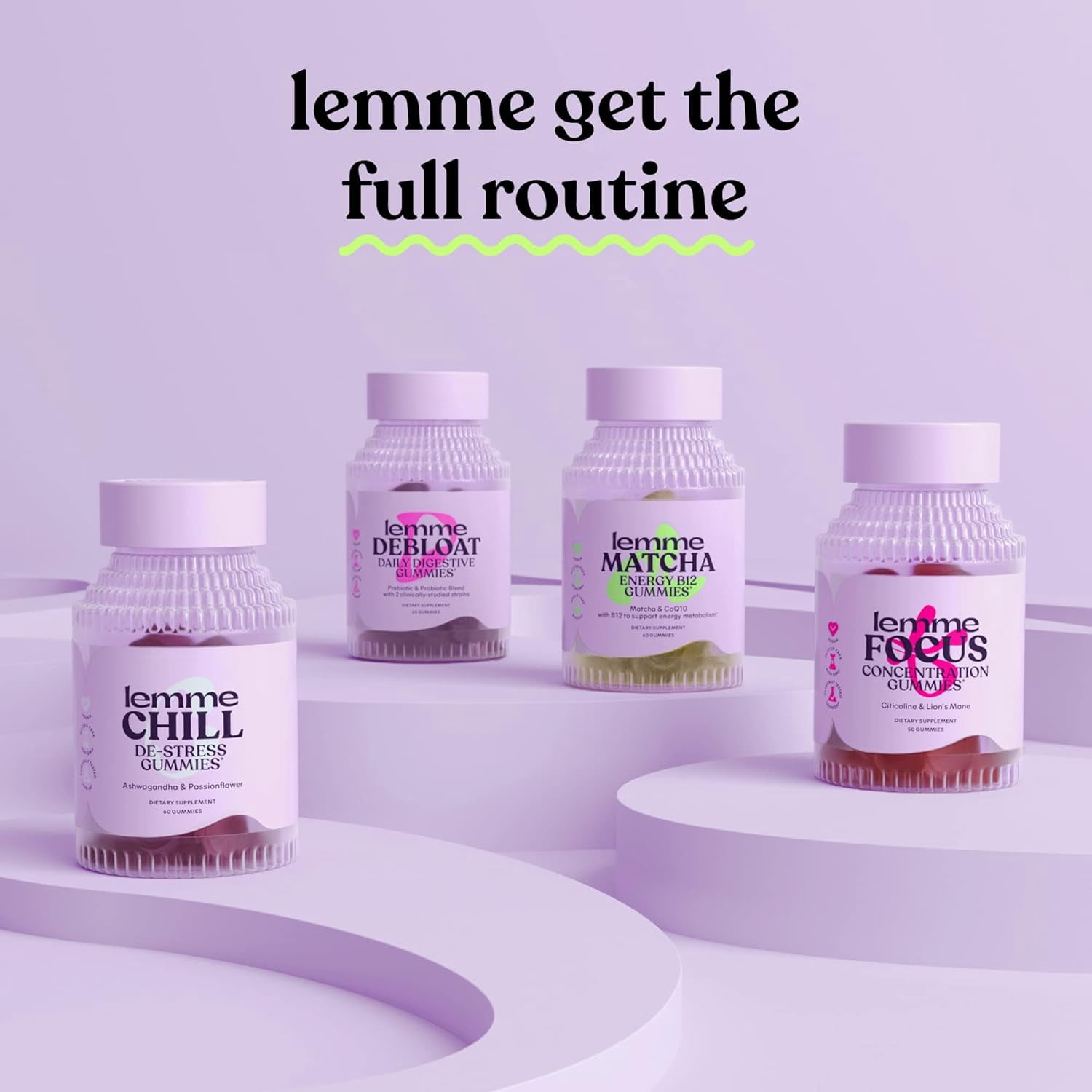 Lemme Focus Concentration & Brain Health Gummies with Cognizin Citicoline, Lion's Mane Mushroom, Vitamin B12, Caffeine Free, Strawberry - 50 Count