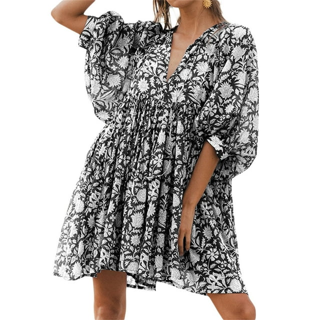 Kmbangi Robes d'Été pour Femmes 2023 à Manches Mi-Longues, Laçage, Imprimé Floral, Plissée, Ample, Décontractée, Robe de Plage S-TG