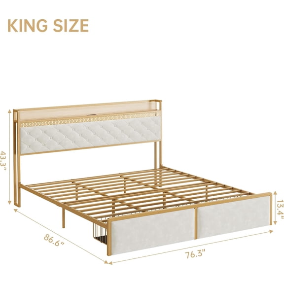 Acekid Led Bed Frame With Headboard And 2 Storage Drawers UpholsteRed Platform Bed With Charging Station Heavy Duty No Box Spring Needed Easy Assembly Linen White King Size