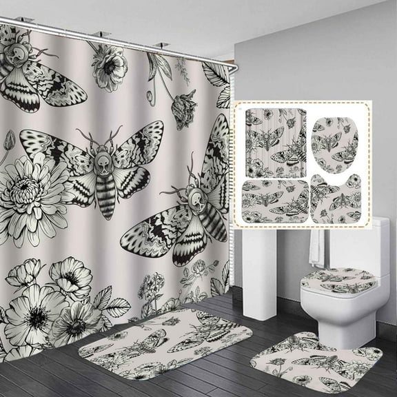 4PCS Moon Phase Teal Moth Shower Curtain Sets with Rugs, Waterproof Fabric Black Shower Curtain, Goth Mystic Witchy Star Butterfly Snail Mushroom Wildflower Botanical Aesthetic Bathroom Decor