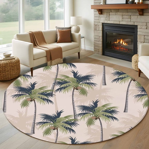Palm Tree Round Area Rug 5 FT, Non Slip Bedroom Area Rug, Tropical Coconut Botanical Summer Seaside Washable Soft Circular Carpet Non-Shedding Floor Mat for Kitchen Dining Room Foyer Balcony Dorm